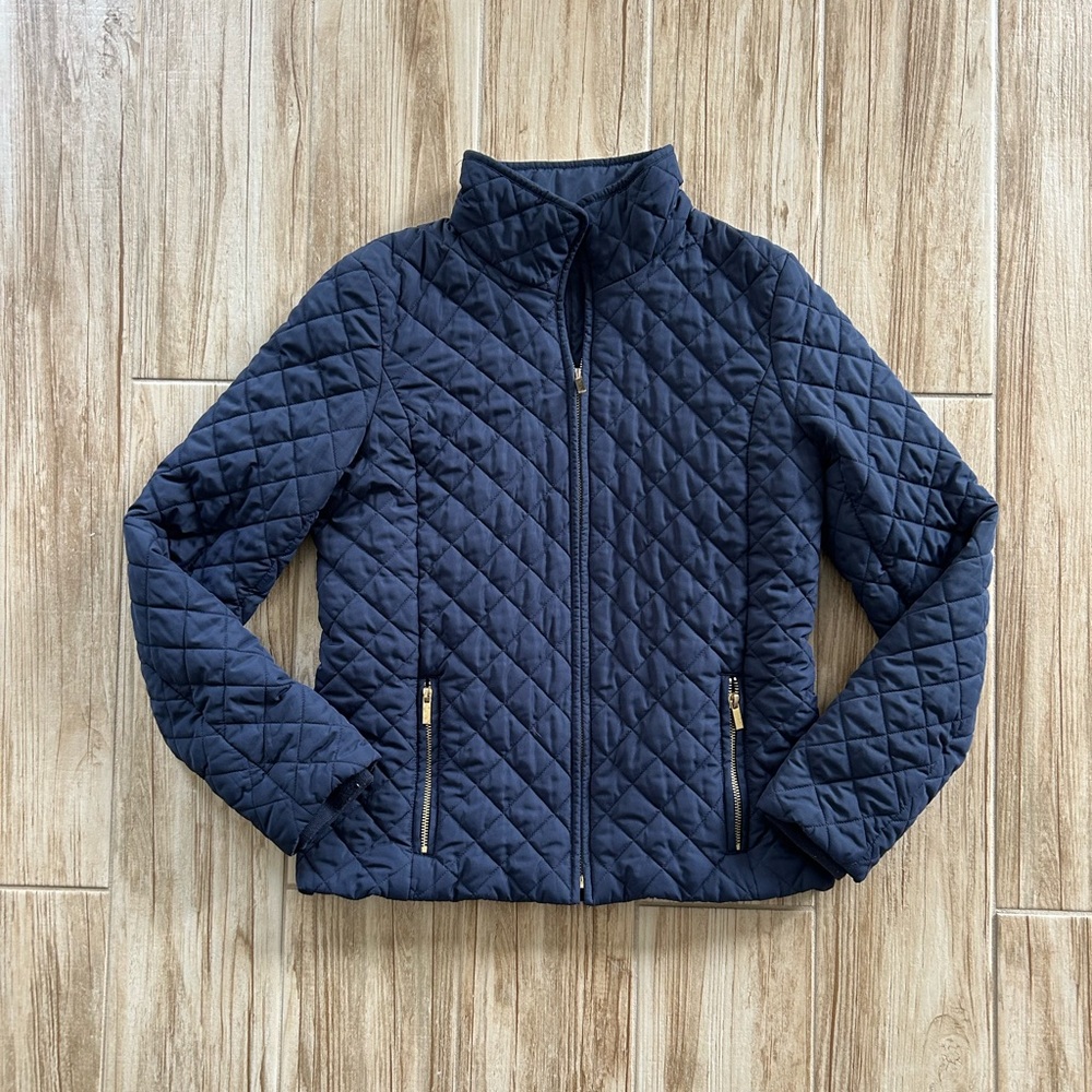 J. Crew navy blue full-zip quilted barn jacket Size S EUC